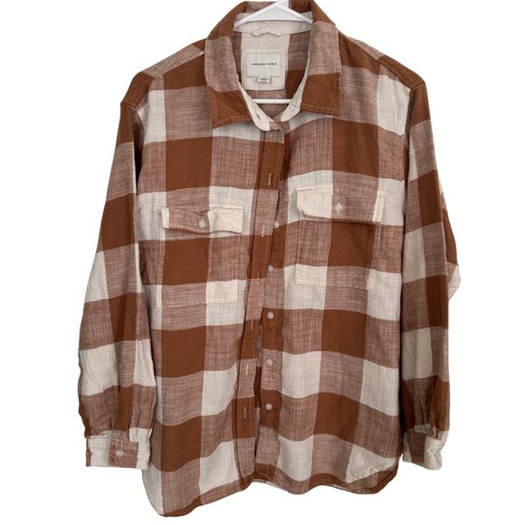 American Eagle Top Women's Brown Plaid Button Down Long Sleeve Sz M - Picture 1 of 9